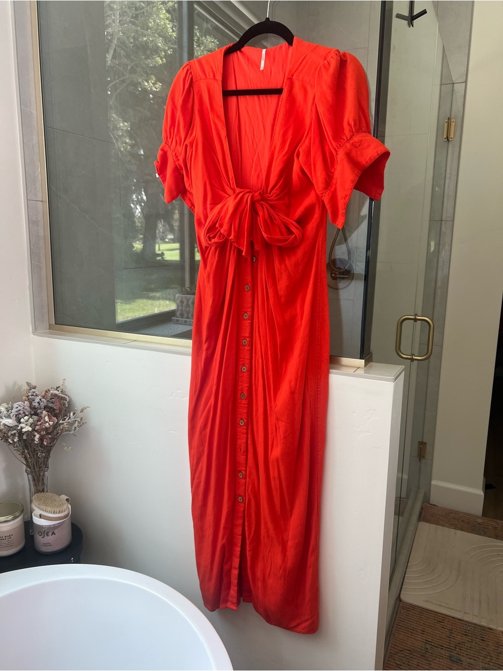 Free People Tie-Front Button Maxi Dress in Bright Red-Orange